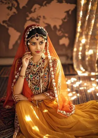 An Indian woman, wearing an orange and yellow, ornately decorated traditional sari, an exquisite headscarf, and a large amount of jewelry, including multi-layered necklaces, bracelets, earrings, headdresses, etc., sits elegantly against a wall with a world map in the background and flashing lights next to her.