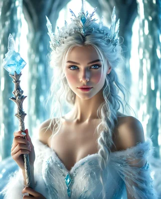 An ice queen with long white curly hair, wearing a gorgeous ice-shaped crown, blue eyes, holding an exquisite scepter with a blue crystal on the top, wearing a white plush dress decorated with blue gems, and the background is an ice-blue arched ice cave.