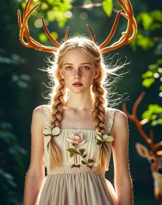 A blonde woman with double braids, freckles on her face, a deer antler headdress, and a light-colored dress with flower decorations, with a forest setting in the background, with green plants and faintly visible deer.