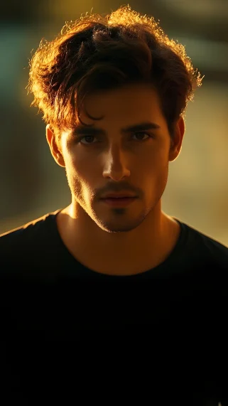 A man with brown curly hair, wearing a black top, is in a warm light and shadow environment with his face clearly illuminated.