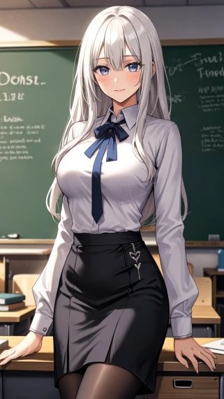 An anime - style image of a female English teacher with an elegant, intellectual, and confident temperament. She has fair skin as white as snow, exquisitely beautiful facial features, and deep, agile eyes that are like shining stars. Her long, silvery - white hair flows down naturally, and it is decorated with a delicate blue - purple headdress, showing unique charm. She is wearing a neat white shirt and a black slim - fitting short skirt, which outlines her graceful figure, and a name tag hangs around her neck. Her slender legs are covered with black stockings, and she is wearing black high - heeled shoes. She sits gracefully on a wooden desk piled with English books, with one hand supporting her cheek and her eyes looking confident and composed. Behind her is a blackboard with beautiful English words such as "Pandora's box", "redemption", and "destruction" written on it, and lovely patterns like hearts and treasure chests are dotted beside, creating a teaching scene full of fantasy and knowledge. The overall picture is in HDR and UHD quality, with an unreal engine style, rich in details, and 8K ultra - high definition.