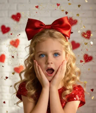 With reference face image, a photorealistic medium-shot portrait of her against a white brick wall background. She is striking a surprised and delighted pose with both hands pressing against her cheeks and her mouth open in a cute "wow" expression. She is wearing a red sequined bodice dress with a multi-layer fluffy tulle skirt and a huge red satin hair bow on her head.
Atmosphere & Decor: Gold and red heart-shaped glitter and confetti are floating in the air around her, creating a magical, Valentine's-inspired scene.
 Lighting & Style: Soft, warm studio lighting that highlights the sparkles on the dress and the texture of the hair. High definition, 8k, crisp focus on the eyes, romantic, sweet, and energetic aesthetic.